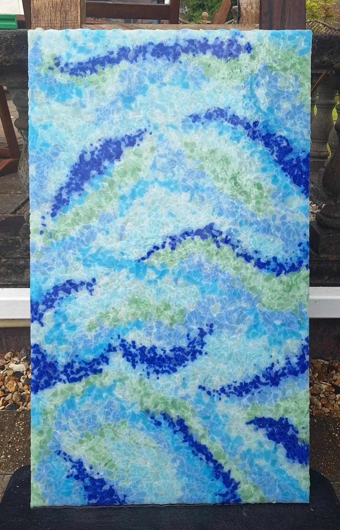 Custom Fused Glass Panels: Crashing Waves in coloured glass in shades of blue, green, aqua, white, and pale mint.
