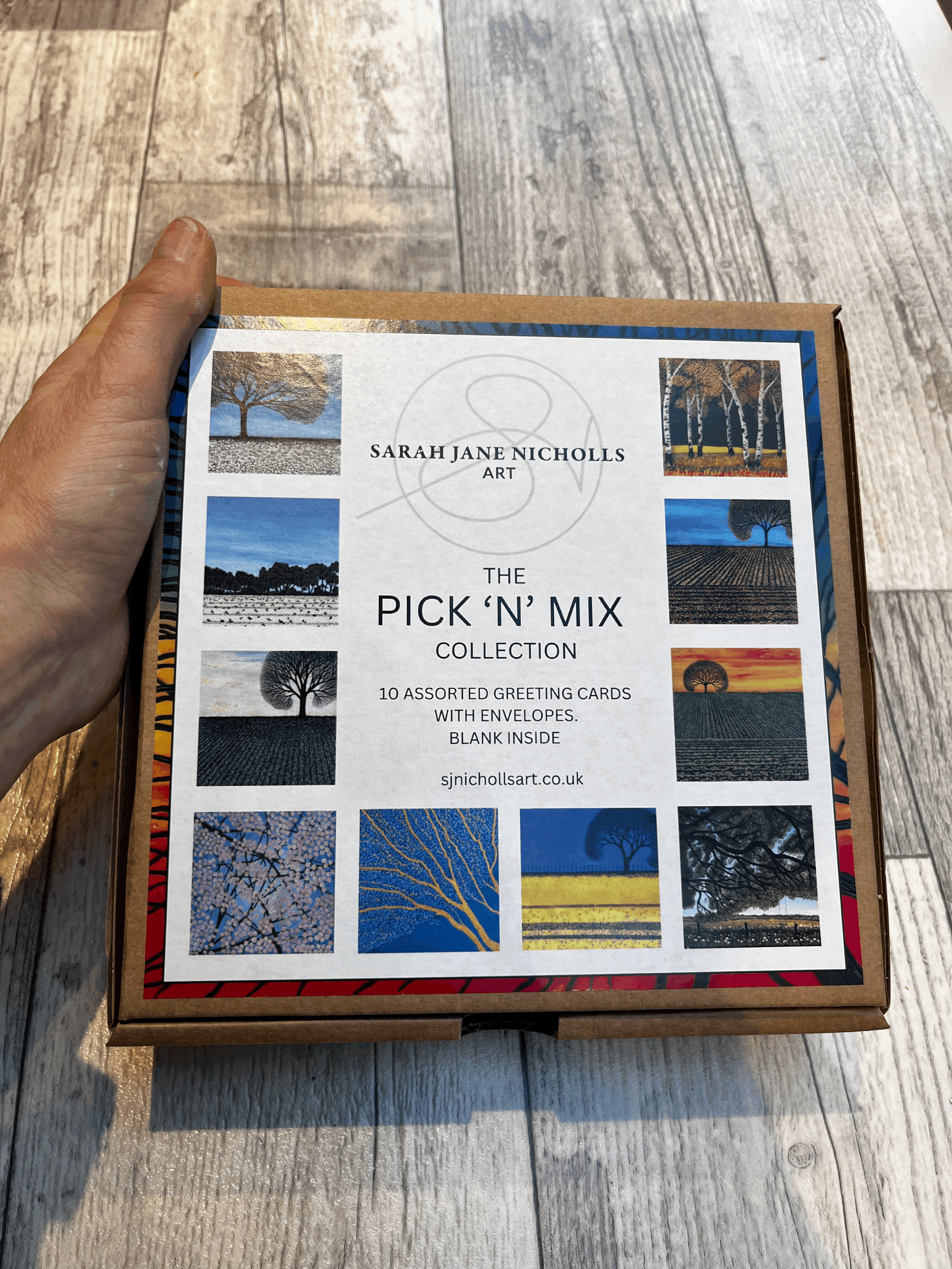 Sarah Jane Nicholls 'Pick n mix' Greeting Card collection. 10 different greeting cards featuring her popular tree designs. Presented in a sustainably sourced box.