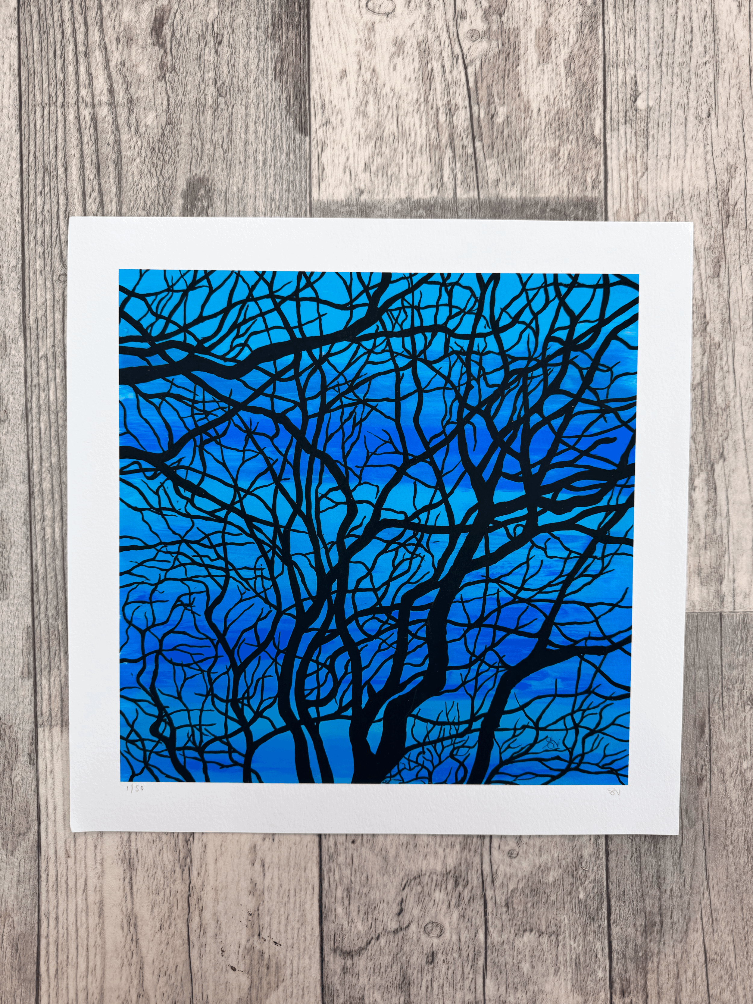 Black Branches on Blue-  Giclée Print 26 x 25.5cm
