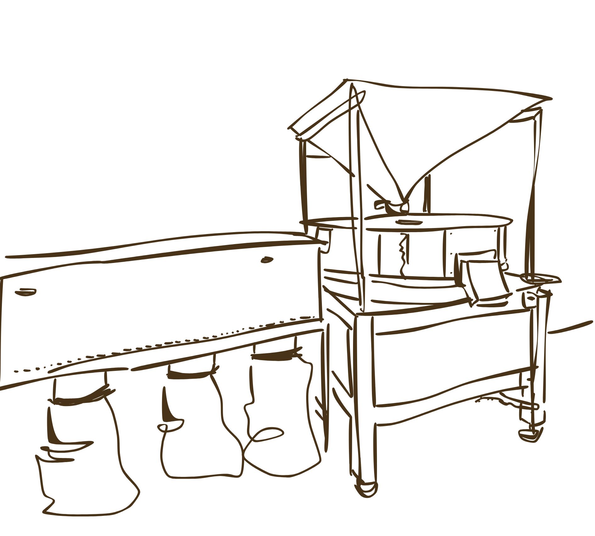 Schizzo di una cucina con pensili, piano di lavoro e tende sotto un'area di stoccaggio o baracchino.
