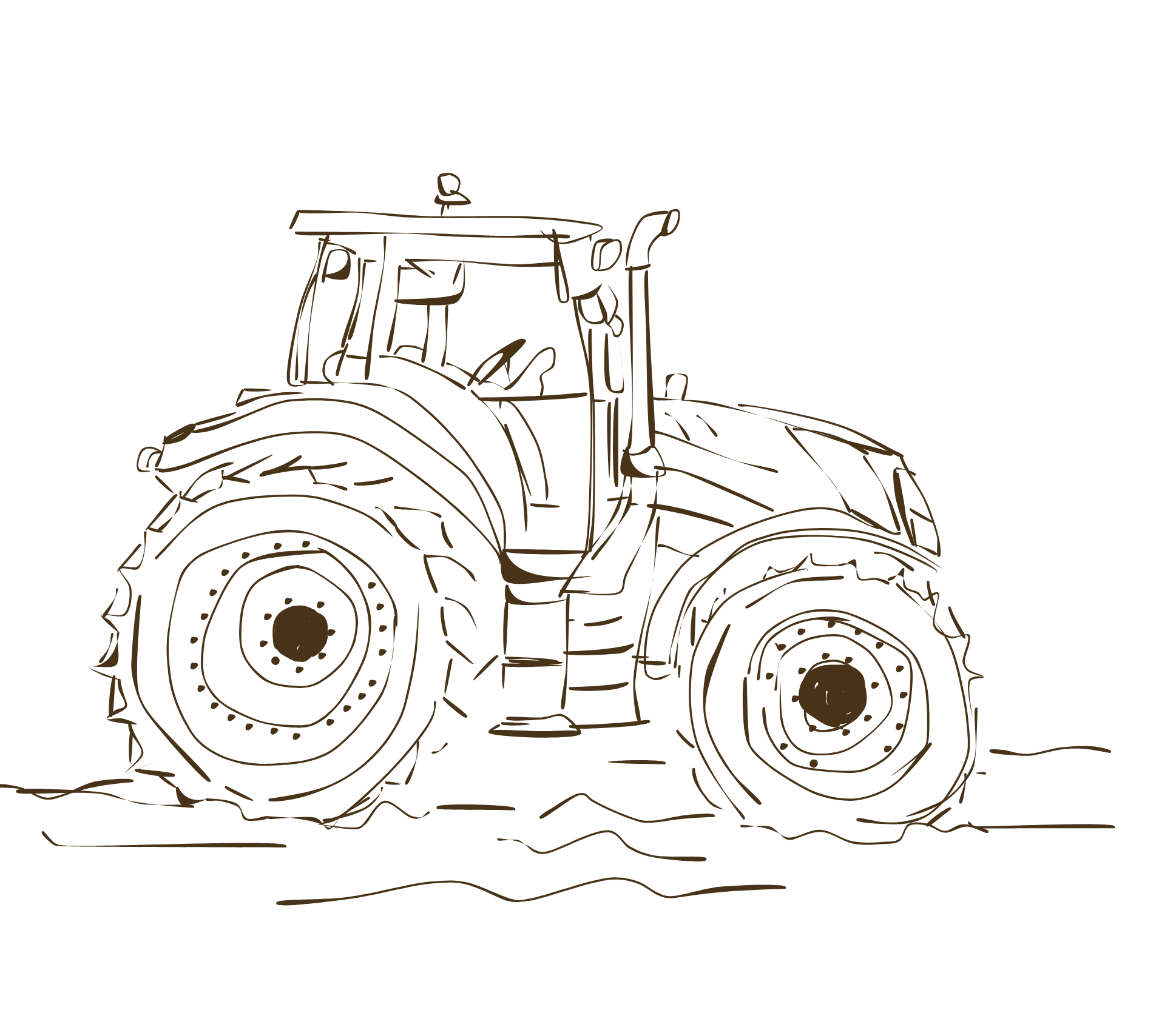 Disegno di un trattore a contorno con dettagli in colore marrone su sfondo nero.
