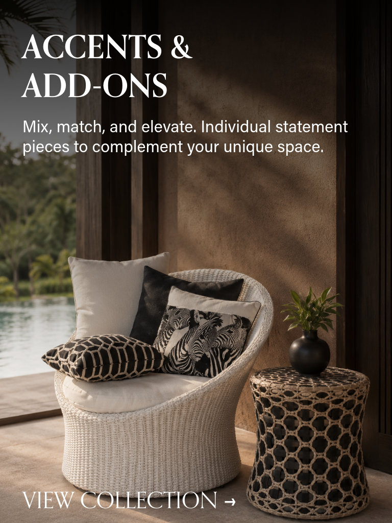 Iconic statement outdoor lounge chair with intricate dark woven pattern next to a terracotta plaster wall, architectural designer patio furniture Singapore.