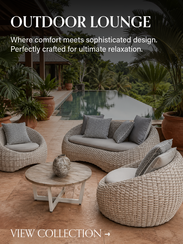 Bespoke luxury outdoor lounge sofa with cream textiles on a terracotta stone terrace next to an infinity pool, high-end commercial outdoor furniture Singapore.