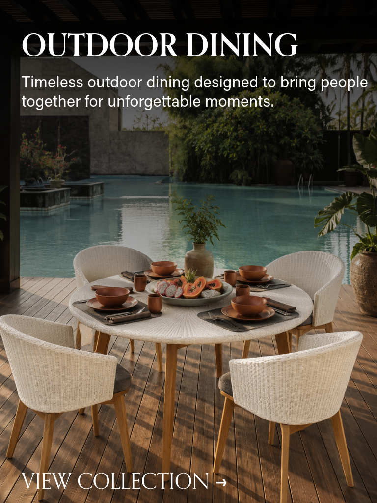 Contemporary round teak wood outdoor dining table with four nested space-saving stools by a resort pool, premium executive patio furniture Singapore.
