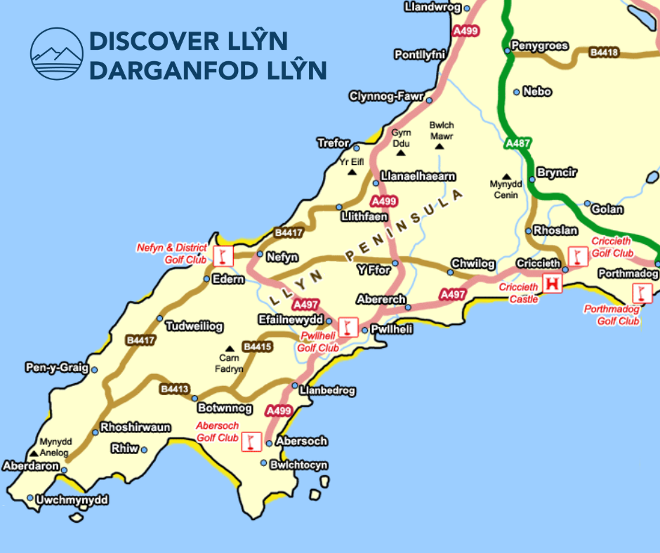 Map of the Llyn Peninsula and neighbouring areas covered by the Discover Llyn electric bike and paddleboard hire and activity delivery service. Includes Abersoch, Aberdaron, Pwllheli, Nefyn. Morfa Nefyn, Criccieth, Porthmadog