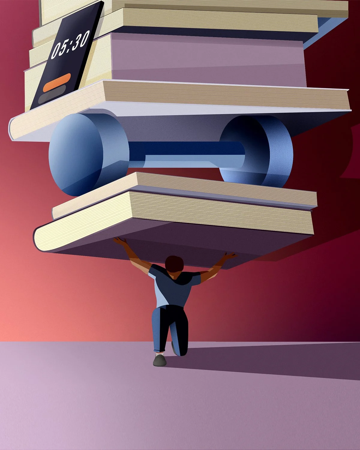 A person is kneeling and holding up a large stack of oversized books and a giant smartphone with a digital clock showing 05:30 on the screen, against a gradient background.