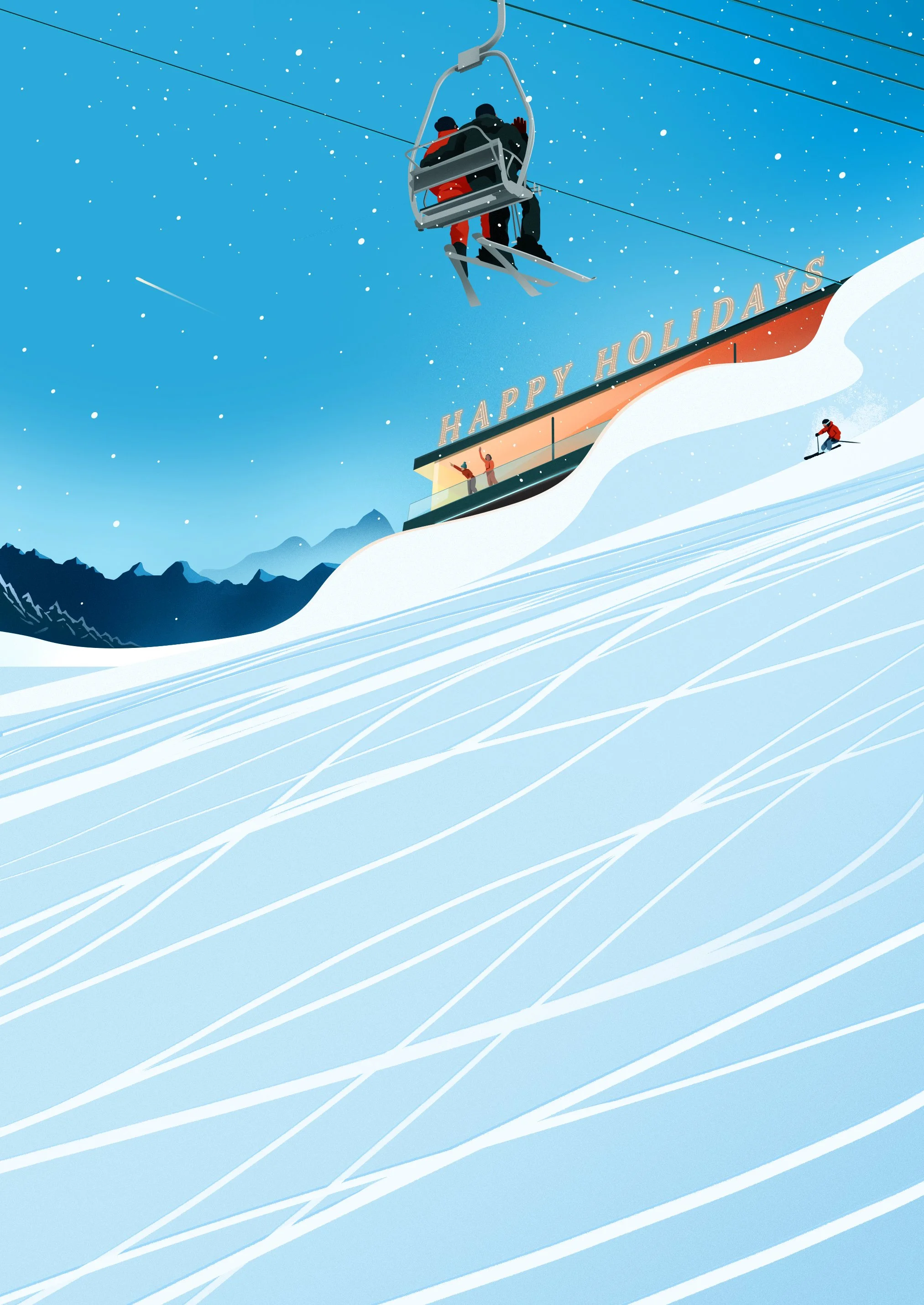 A winter scene with a ski lift carrying two skiers, snow falling, a sign that reads 'HAPPY HOLIDAYS,' and a skier on the snowy slope below with mountains in the background.