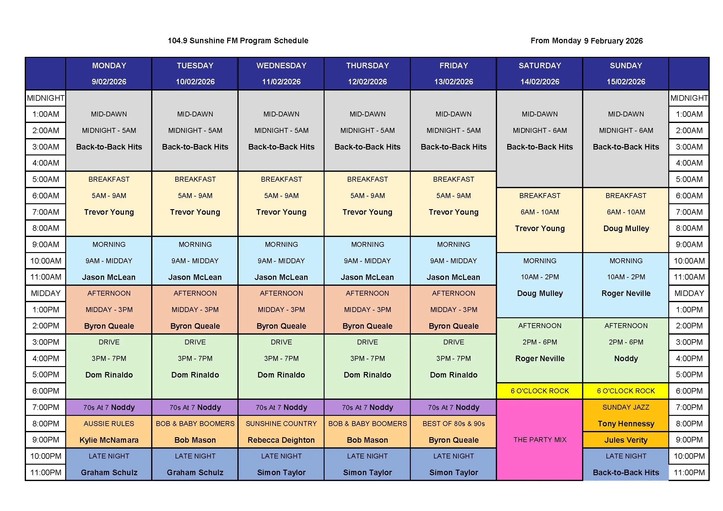 104.9 Sunshine FM Program Schedule