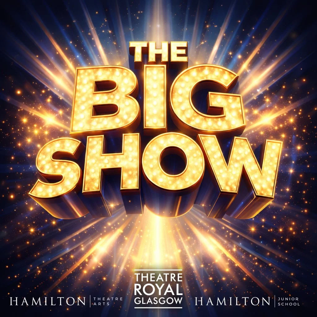 Bright, illuminated sign reads 'The Big Show' with sparkles and light rays background, promoting a theatrical performance at Theatre Royal Glasgow.