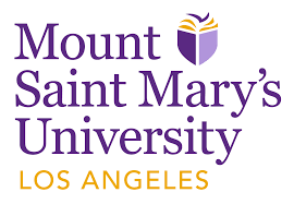 Mount Saint Mary's University Los Angeles logo with purple and orange text and a purple open book icon.