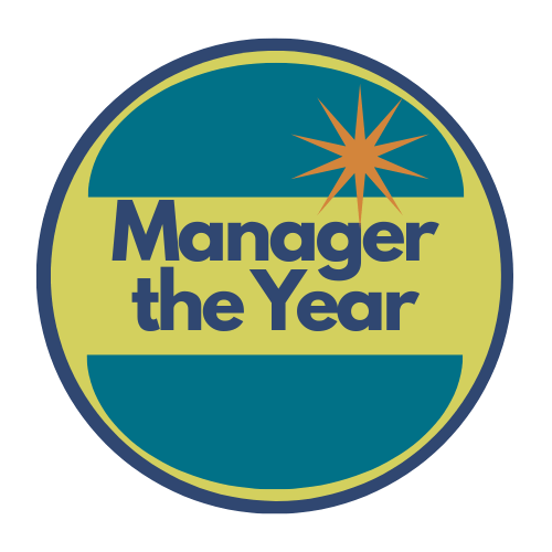 Circular logo with text 'Manager of the Year' and a starburst graphic.