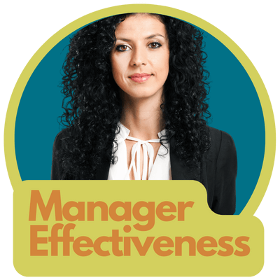 A woman with curly black hair wearing a black blazer and white blouse, with a yellow speech bubble reading "Manager Effectiveness" against a teal background.