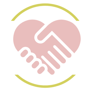 A heart shape with a handshake inside, symbolizing care and partnership, surrounded by two curved lines.