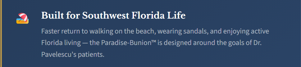 Text on a blue background promoting a lifestyle in Southwest Florida, mentioning walking on the beach, wearing sandals, and Florida living, with a small logo in the upper left corner.