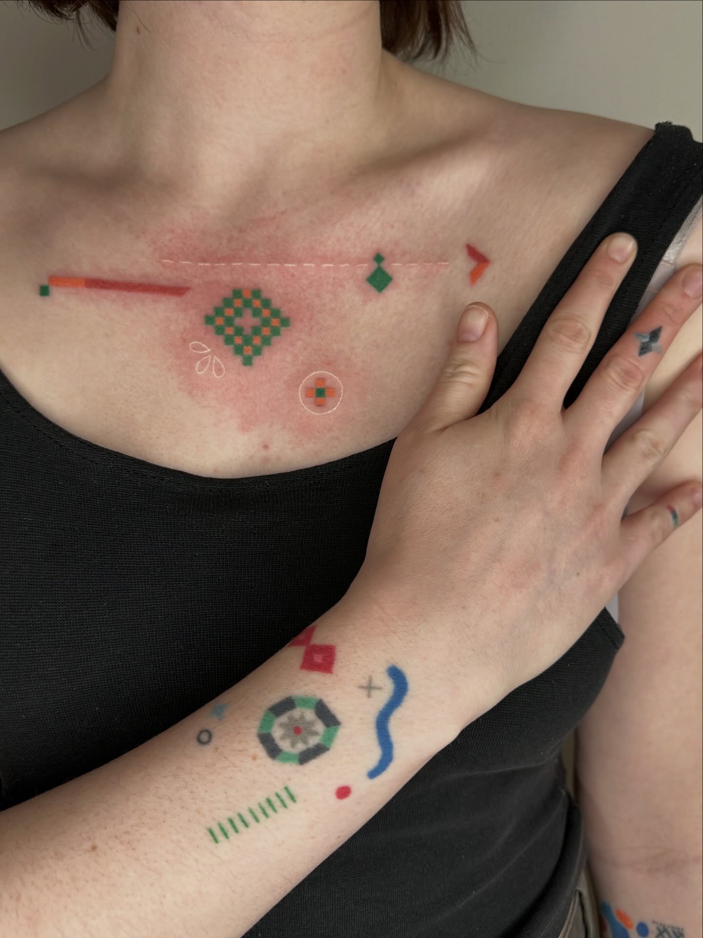 Fresh and a year old tattoo compositions for Ilana. The chest piece is inspired by her grandmas quilt. 🏁I do not work with white ink too often so I am excited to see how this one heals. 
I also need to show you Illana&rsquo;s A+ mock up and idea sub