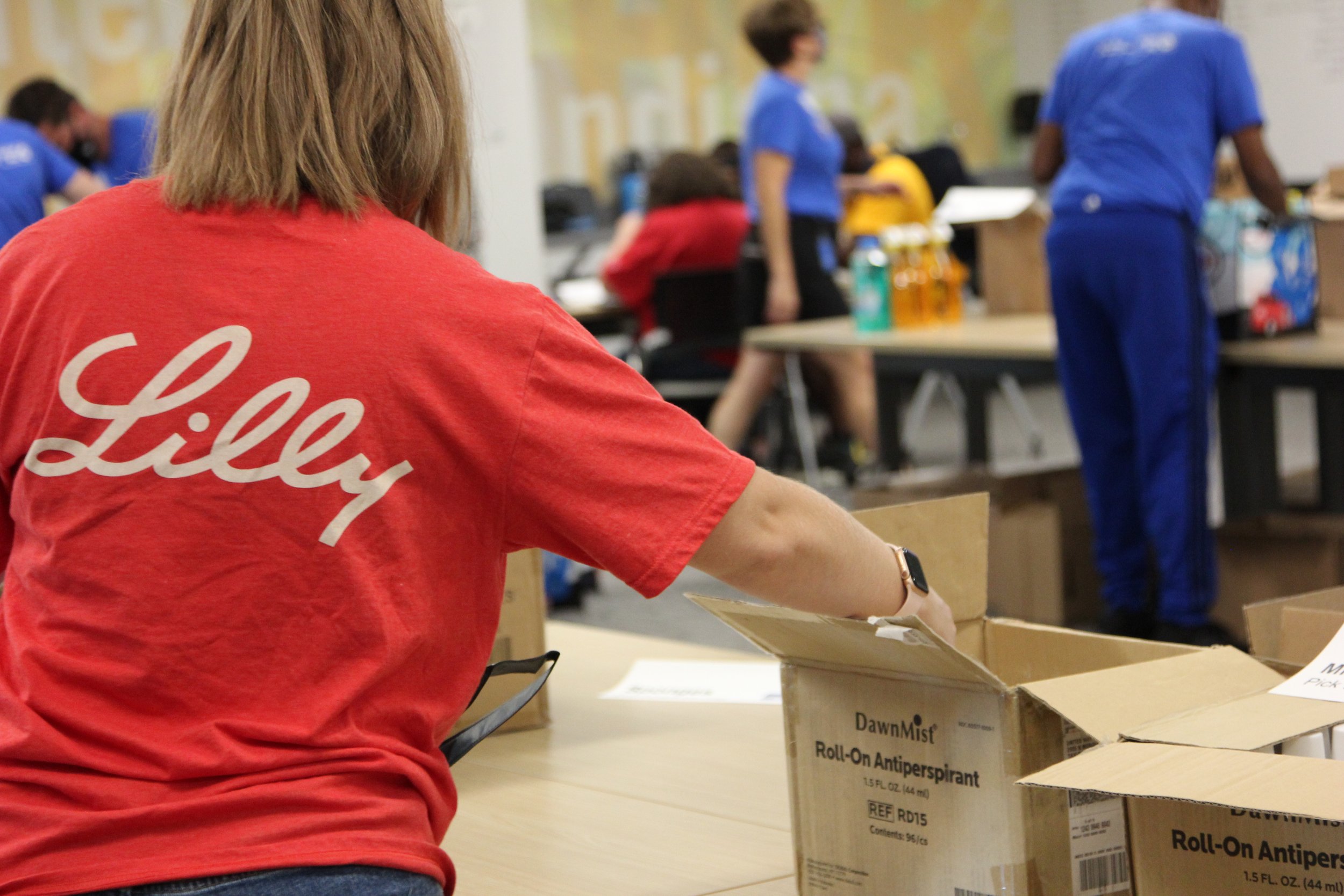  Volunteers with Eli Lilly and Company assemble care kits for seniors on Sept. 9, 2021, at United Way of Central Indiana’s headquarters in Indianapolis for Go All IN Day, a community-wide day of volunteerism. 