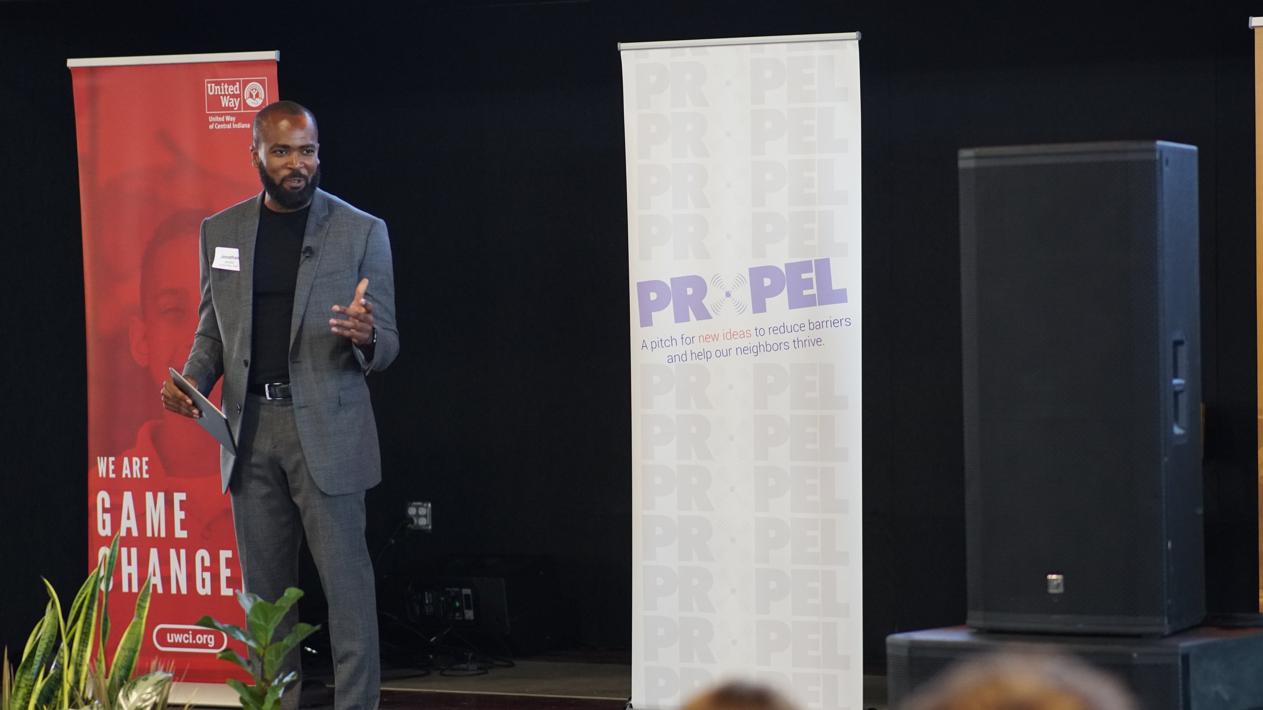  Jonathan Jones, United Way’s social innovation senior director, kicks off the nonprofit’s first pitch competition, Propel, on June 14, 2022, at The AMP at 16 Tech in Indianapolis. United Way will host its second Propel event in April 2023. 