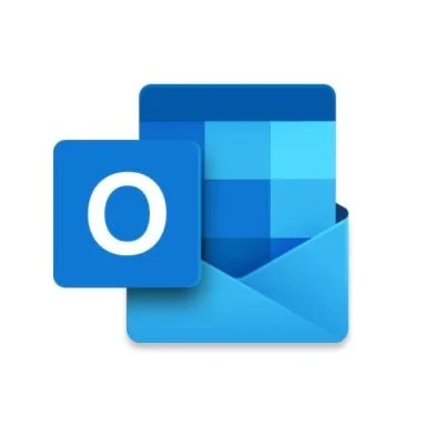 Microsoft Outlook logo with an envelope and pixelated blue background.