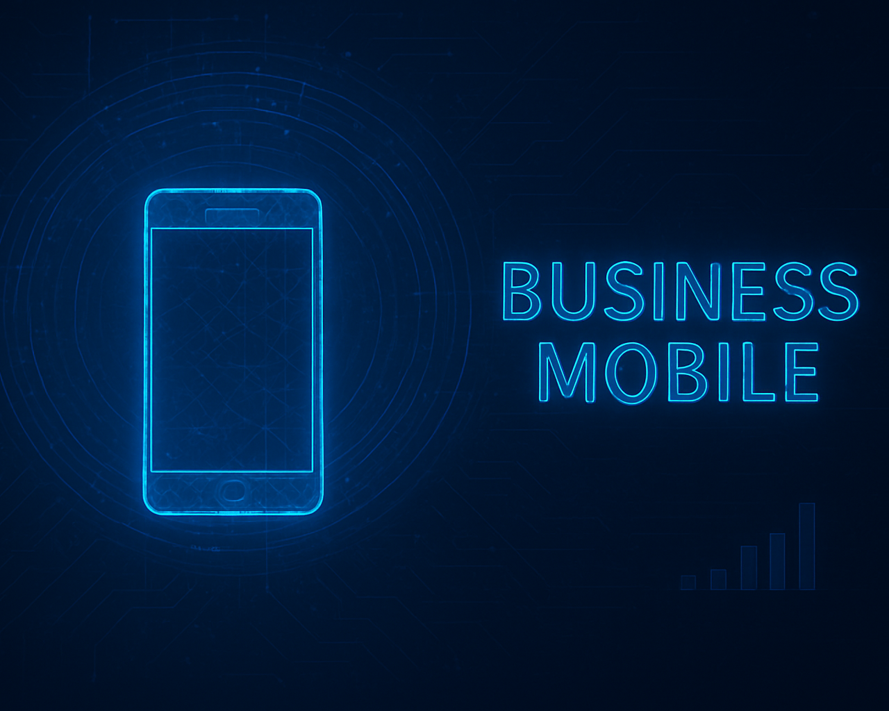 Digital illustration of a smartphone outline with the words 'Business Mobile' in neon blue text beside it, set against a dark blue technological background.