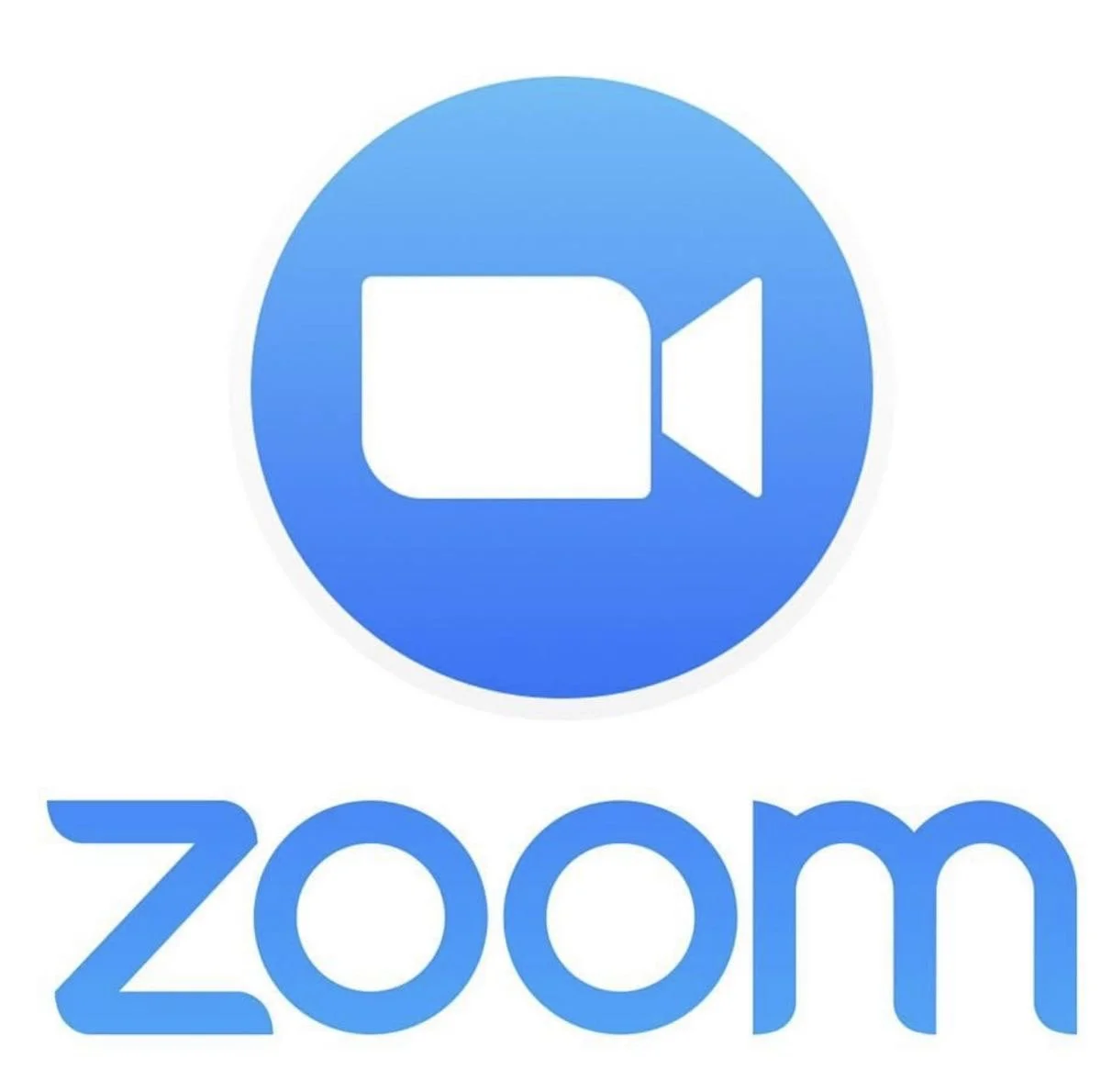Zoom video conferencing logo with a blue circle containing a white video camera icon, and the word 'zoom' in blue lowercase letters underneath.
