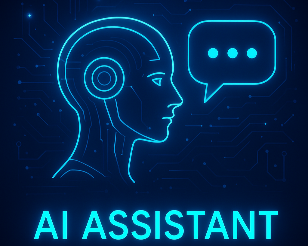 Digital illustration of a human head in profile with circuit lines, a speech bubble with three dots, and the text 'AI Assistant' below.