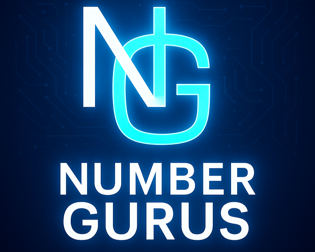 Neon logo with stylized letters 'N' and 'G' and the text 'Number Gurus' below on a dark digital background.