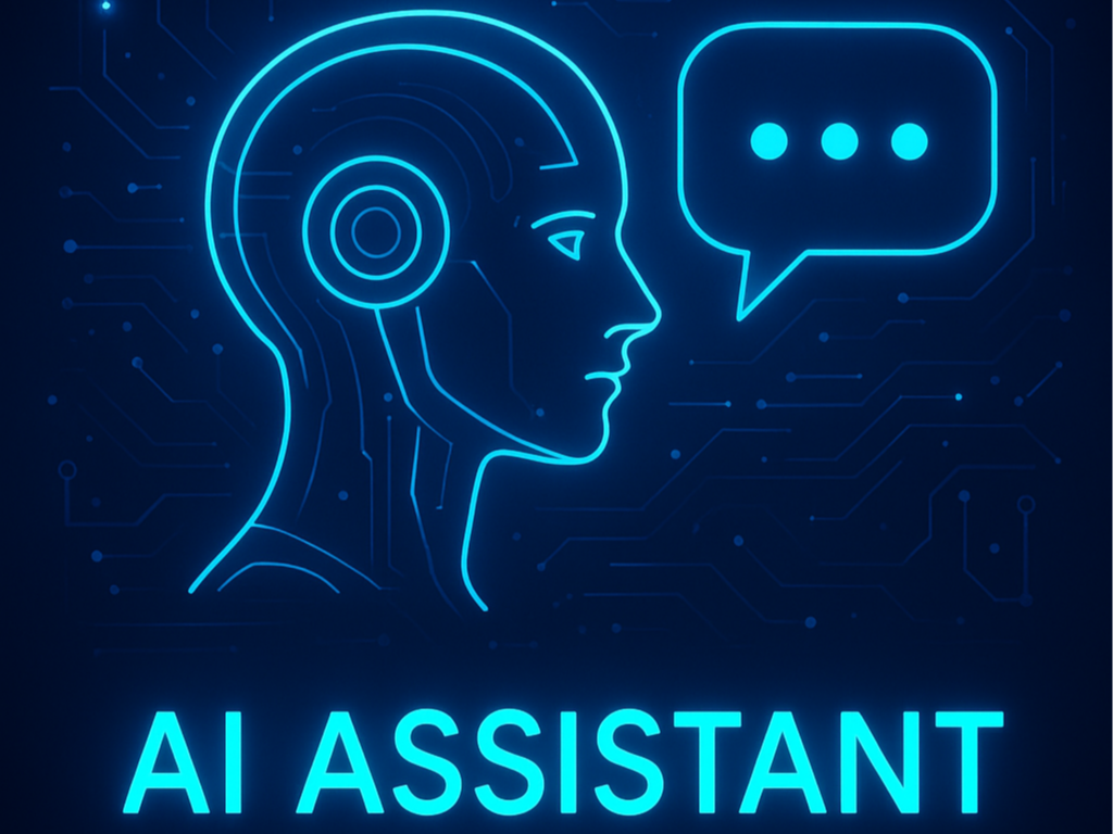 Digital illustration of a human head with a circuitry pattern, a speech bubble with three dots, and the text 'AI Assistant' at the bottom.