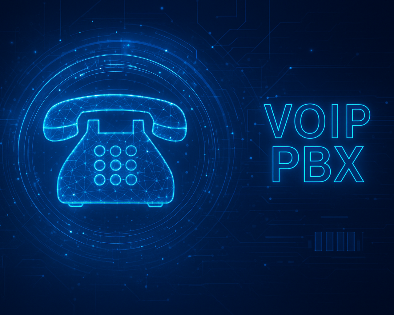Digital illustration of a VoIP PBX phone icon made up of blue neon lines, with the words "VOIP PBX" in blue neon text to the right. The background has a dark blue technological digital theme with circuits and data points.