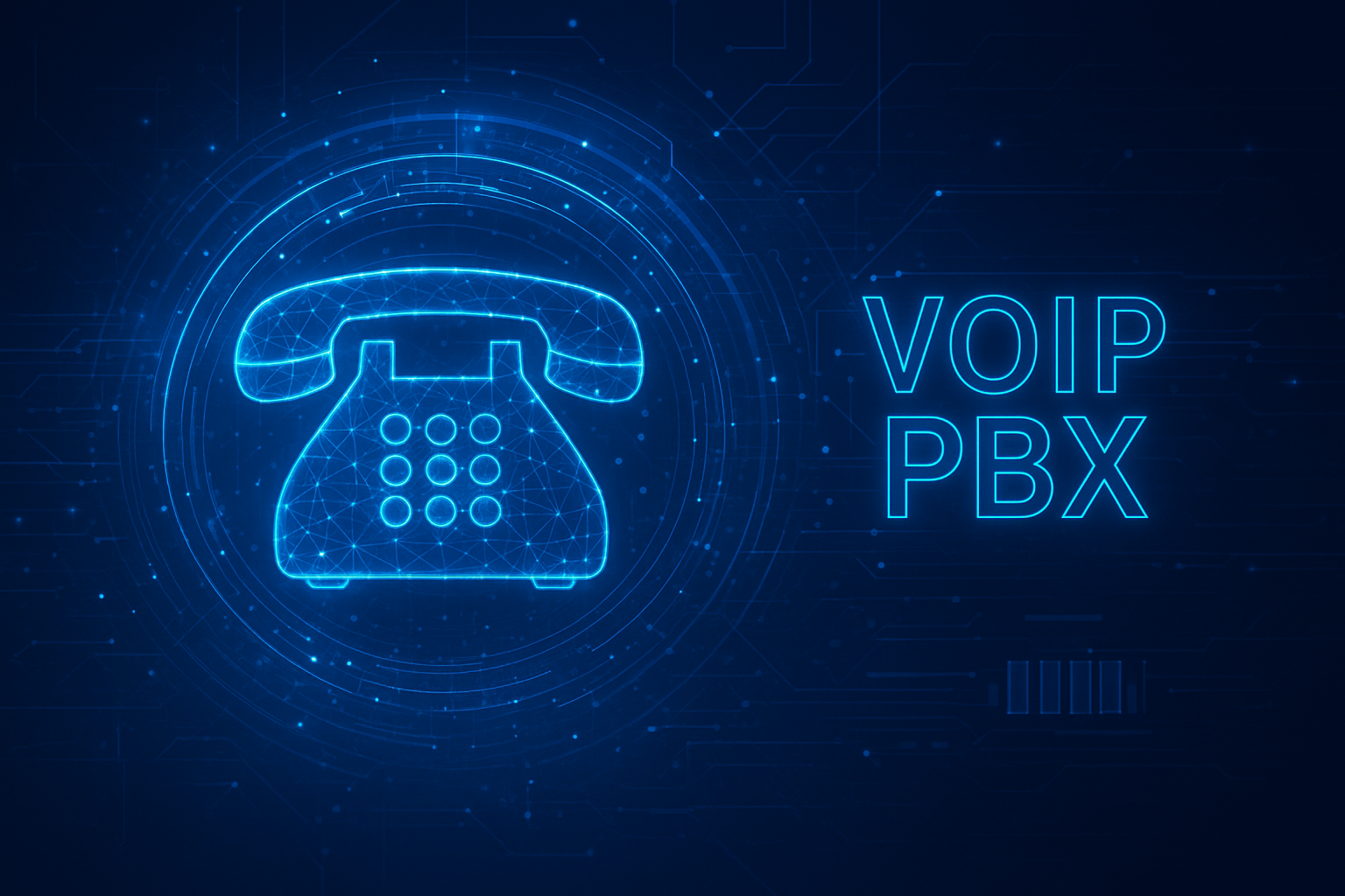A digital neon sign of a vintage telephone and the words 'VoIP PBX' against a futuristic blue background.