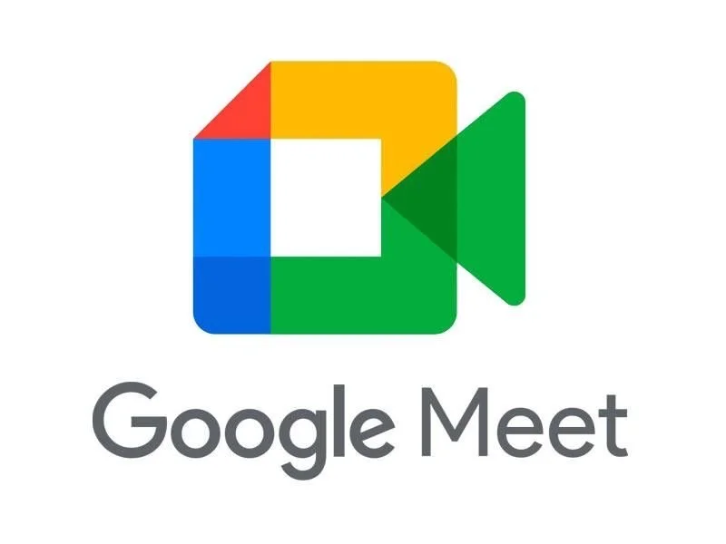 Google Meet logo with a colorful camera icon and the text 'Google Meet' below it.