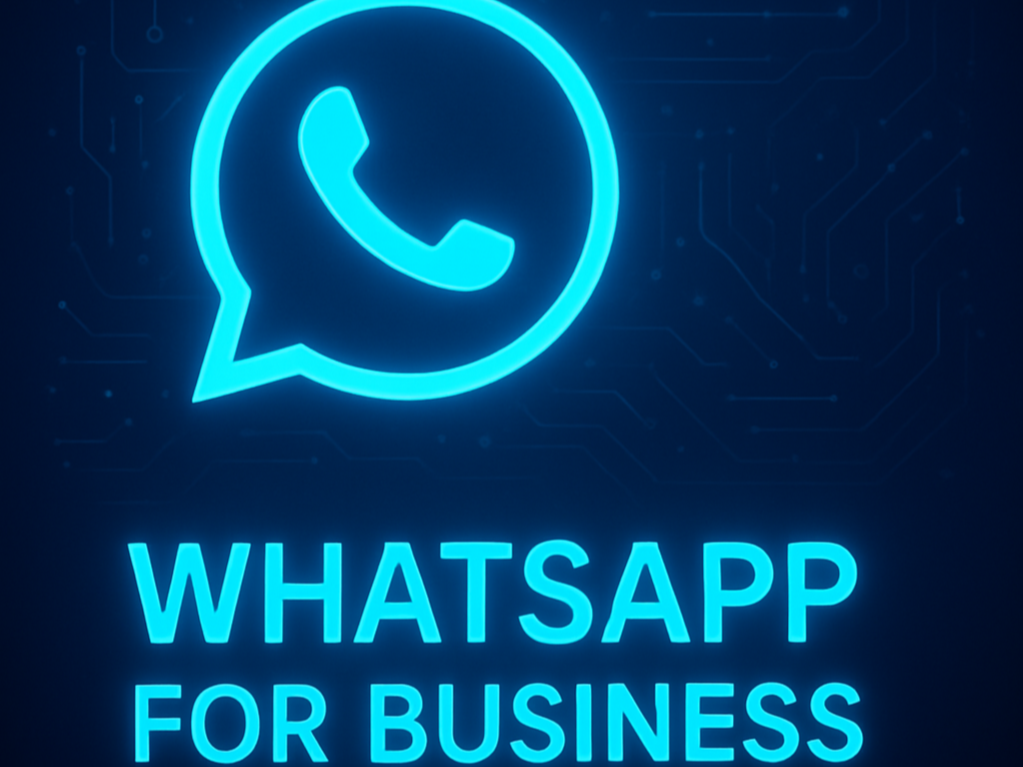 Neon sign with WhatsApp logo and the text 'WhatsApp for Business' in blue.