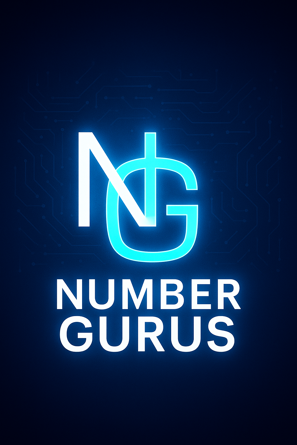 Neon logo reading 'Number Gurus' with stylized 'N' and 'G' in blue, against a dark background with circuit-like patterns.