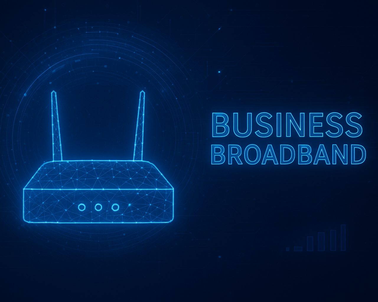 Digital illustration of a Wi-Fi router with the words "Business Broadband" in neon blue lights.