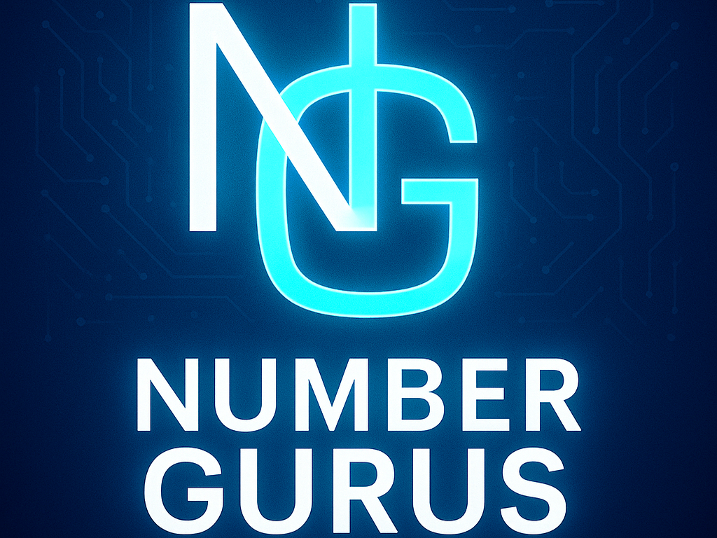 Logo with stylized letters 'N' and 'G' connected, glowing in blue, with the text 'Number Gurus' beneath it, set against a digital circuit-themed background.