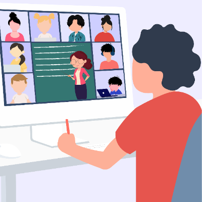 **“Ilustración de una mujer participando en un seminario web desde su computadora, accediendo a recursos educativos y capacitación en línea.