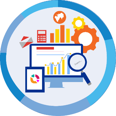 Illustration with images on monitors, statistic models, flow charts, and graphs.