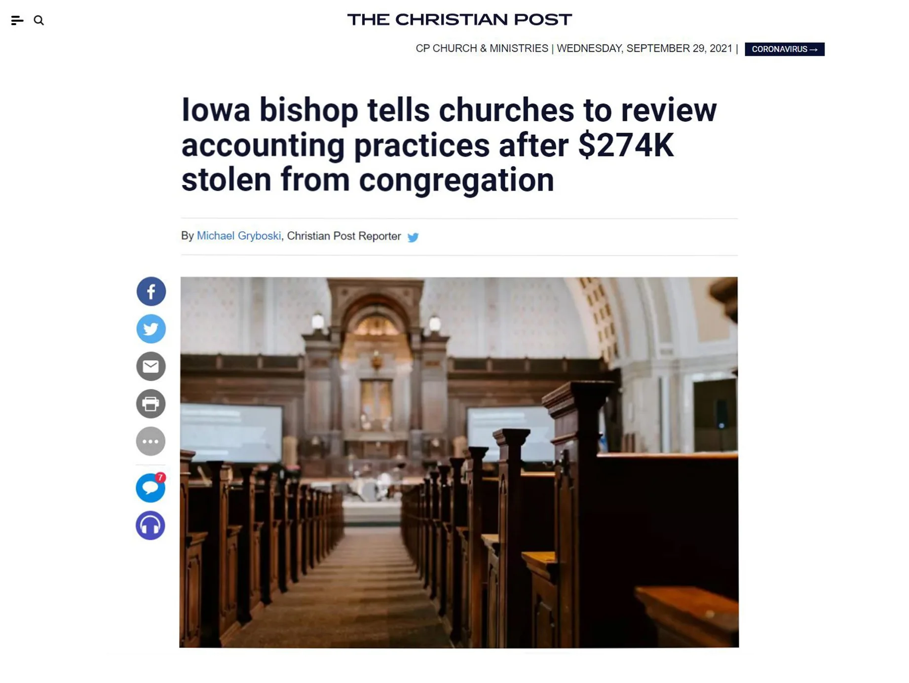 Iowa bishop tells churches to review accounting practices after $274K stolen from congregation