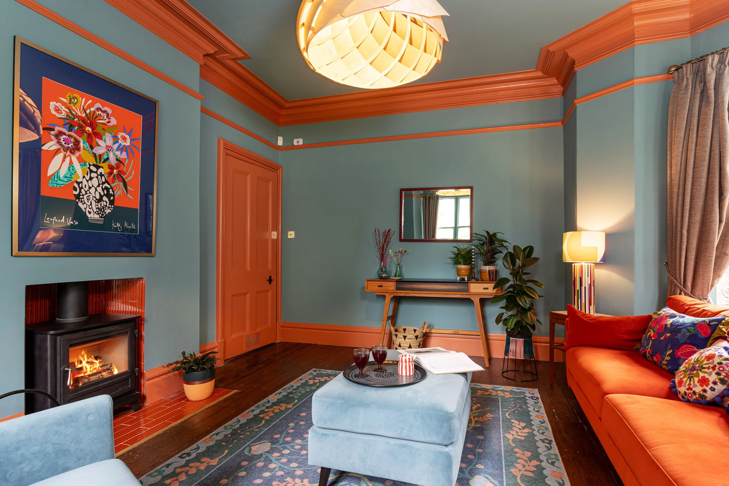 Bold biophilic lounge, interior design inspired by nature, relaxing living room, colour psychology, interior designer kendal, joyful homes, interior design cumbria