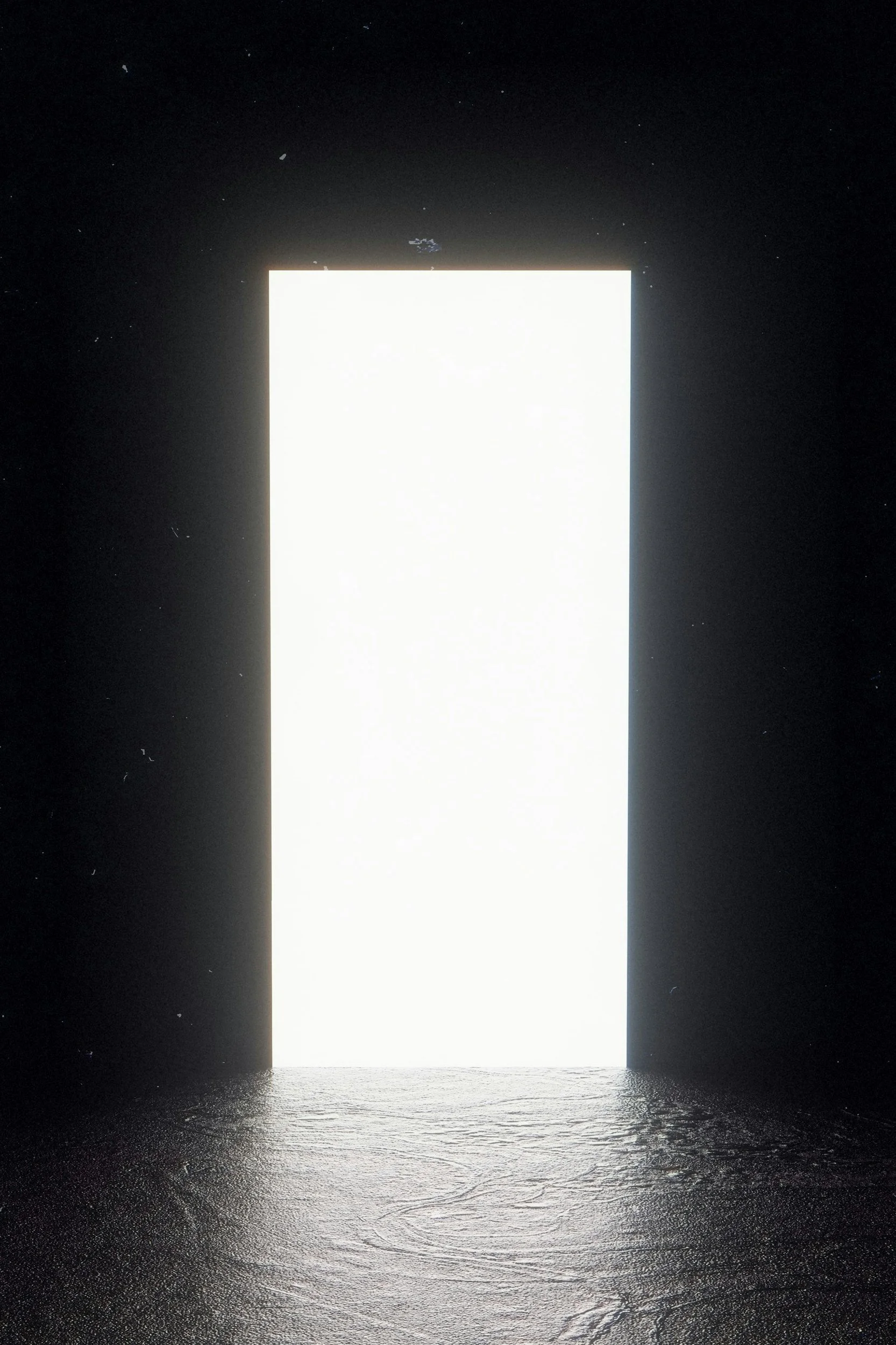Bright light from an opening in a dark room reflecting on a water surface.