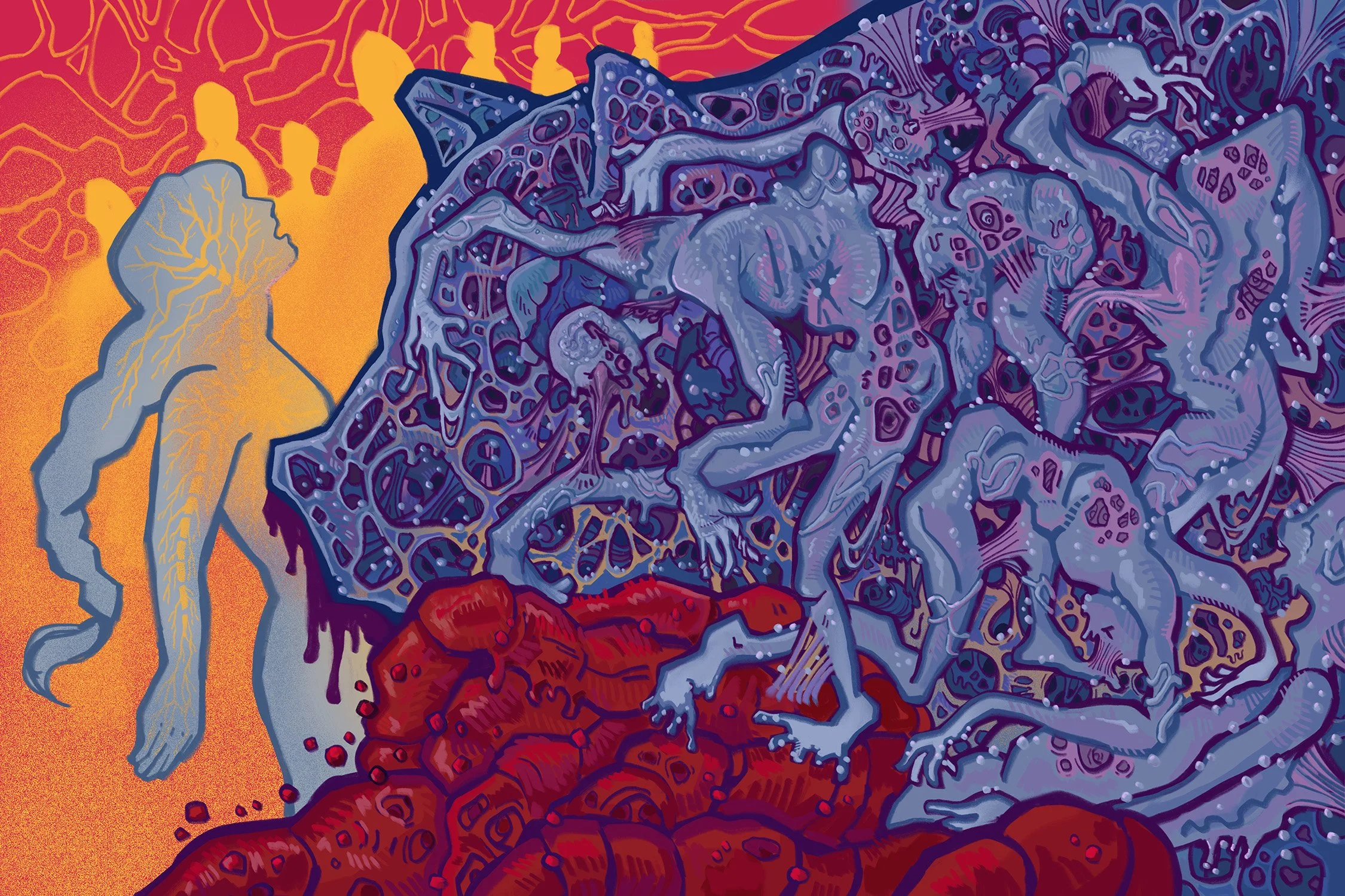 zhouhannah-illustrationofwomanbeingbitwithintestinesspillingoutbyzombiescontortedinthehshapeofapig - Aris Zhou.jpg
