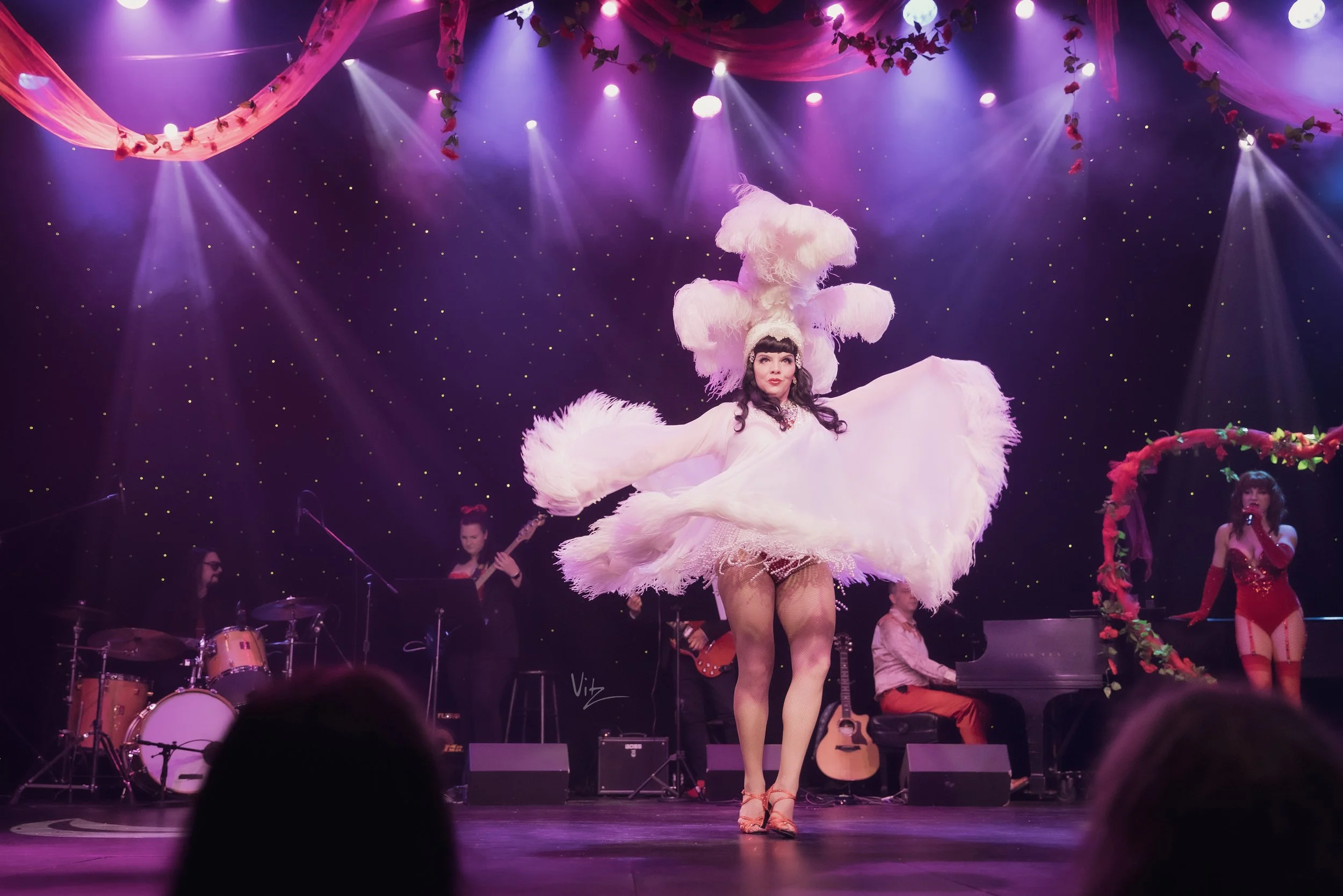 Performing arts stage with a singer in an elaborate pink feathered costume, surrounded by musicians and dancers.