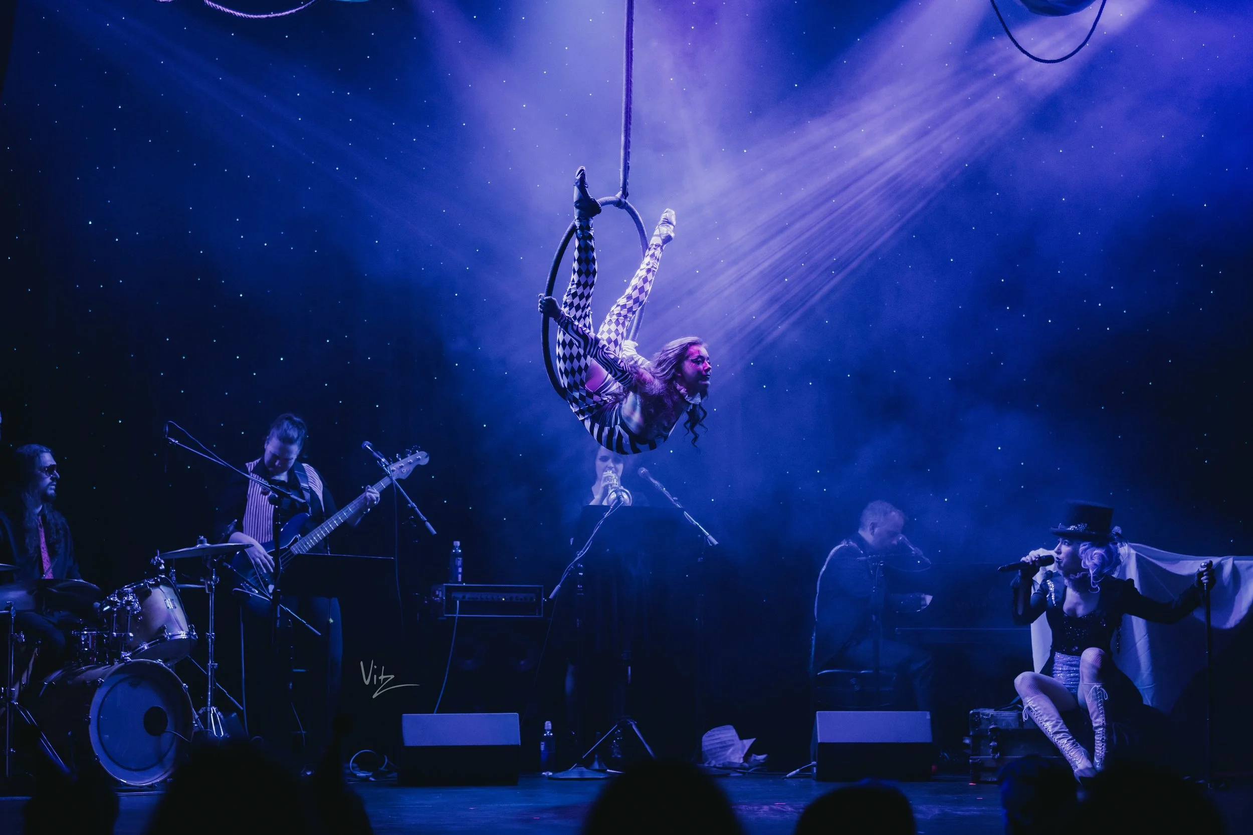 A female aerial performer in black and white checkered costume is performing on aerial hoops suspended in the air, illuminated by purple stage lighting, with a band playing instruments on stage below against a starry background.