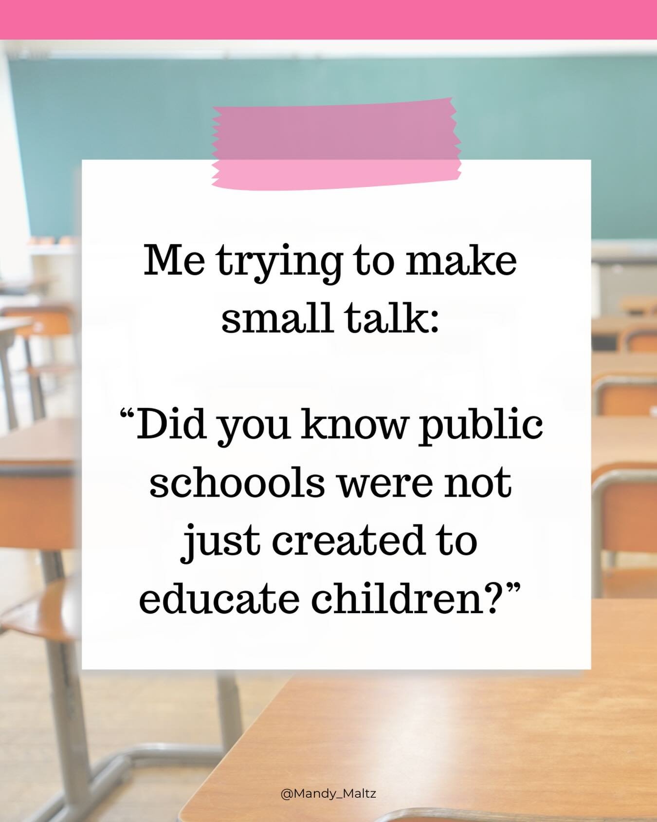 I&rsquo;m bad at small talk 🤣
Public schools were created with goals beyond academics&mdash;civic formation, moral training, and social cohesion have always been part of public education.

That&rsquo;s why so many parents, especially Christian paren
