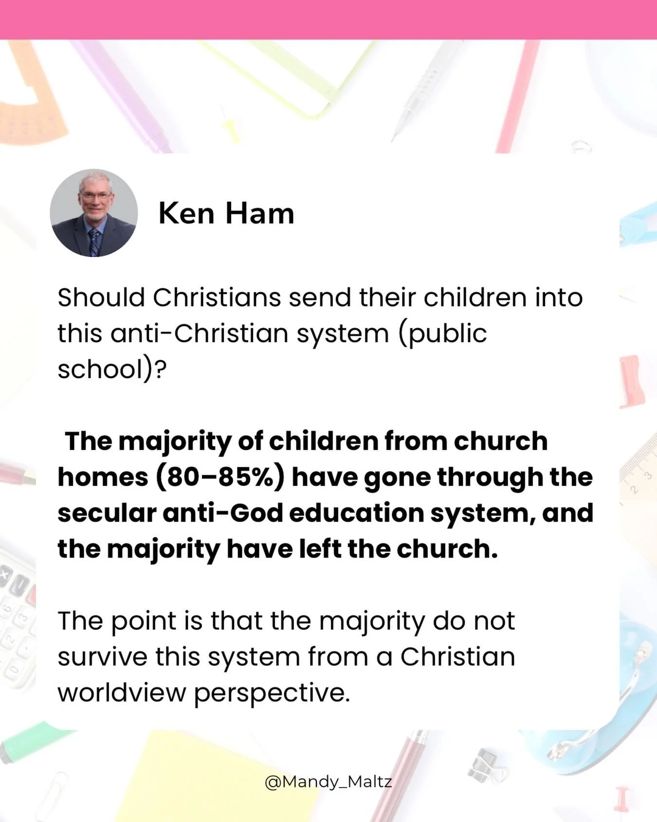 This demolishes the &ldquo;salt and light&rdquo;  argument we often hear from Christian parents who put their kids in public schools. It&rsquo;s a risk my husband and I are not willing to take with our kids. These odds are not in our favor here. 

Re
