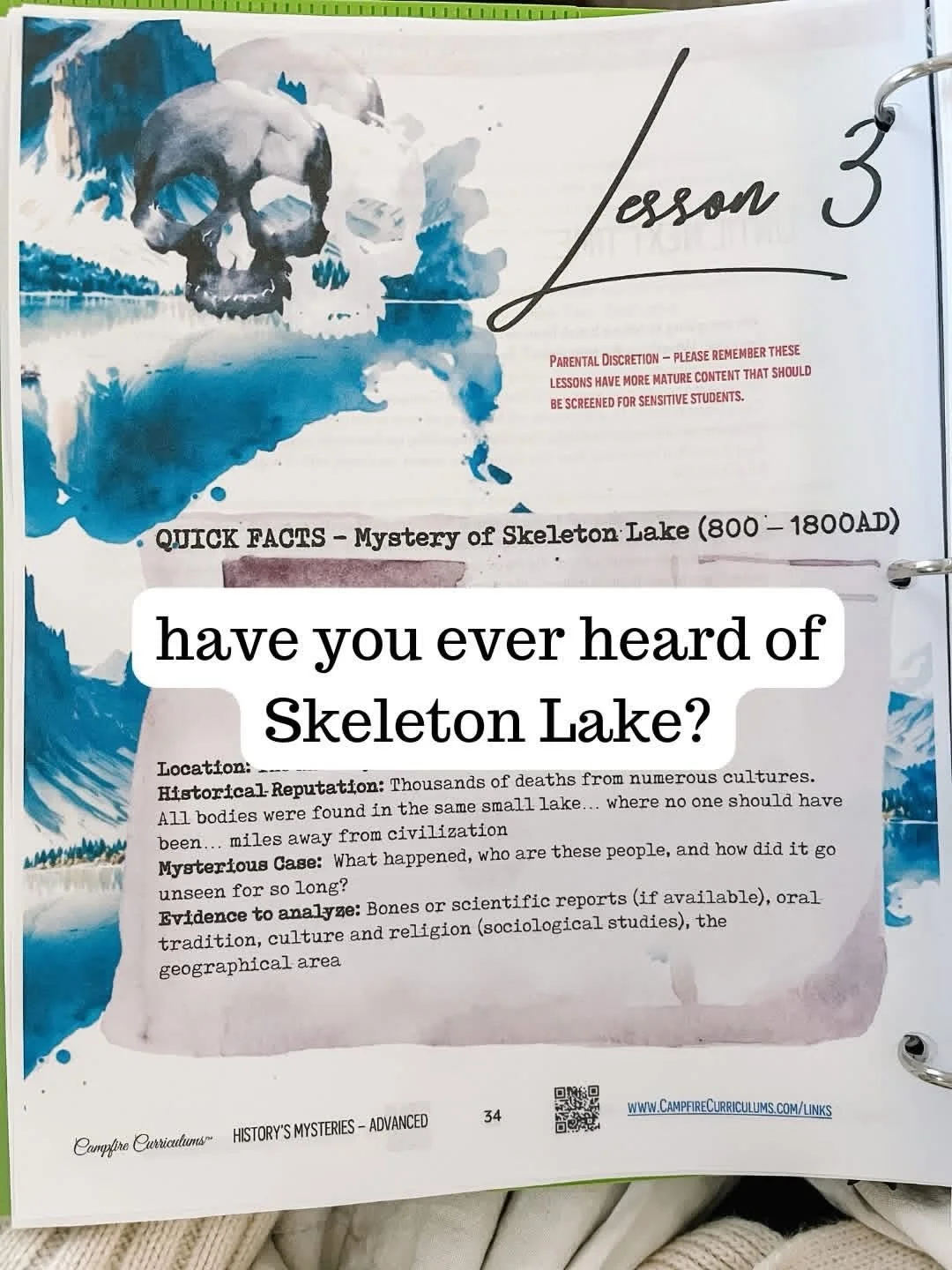 Have you heard of SKELETON LAKE?? We studied this today and WOW this is a mystery! 
Tell me your theories below, I want to know what you think the answer is to this mystery from history. I love how this unit from Campfire is laid out!

#homeschool #h