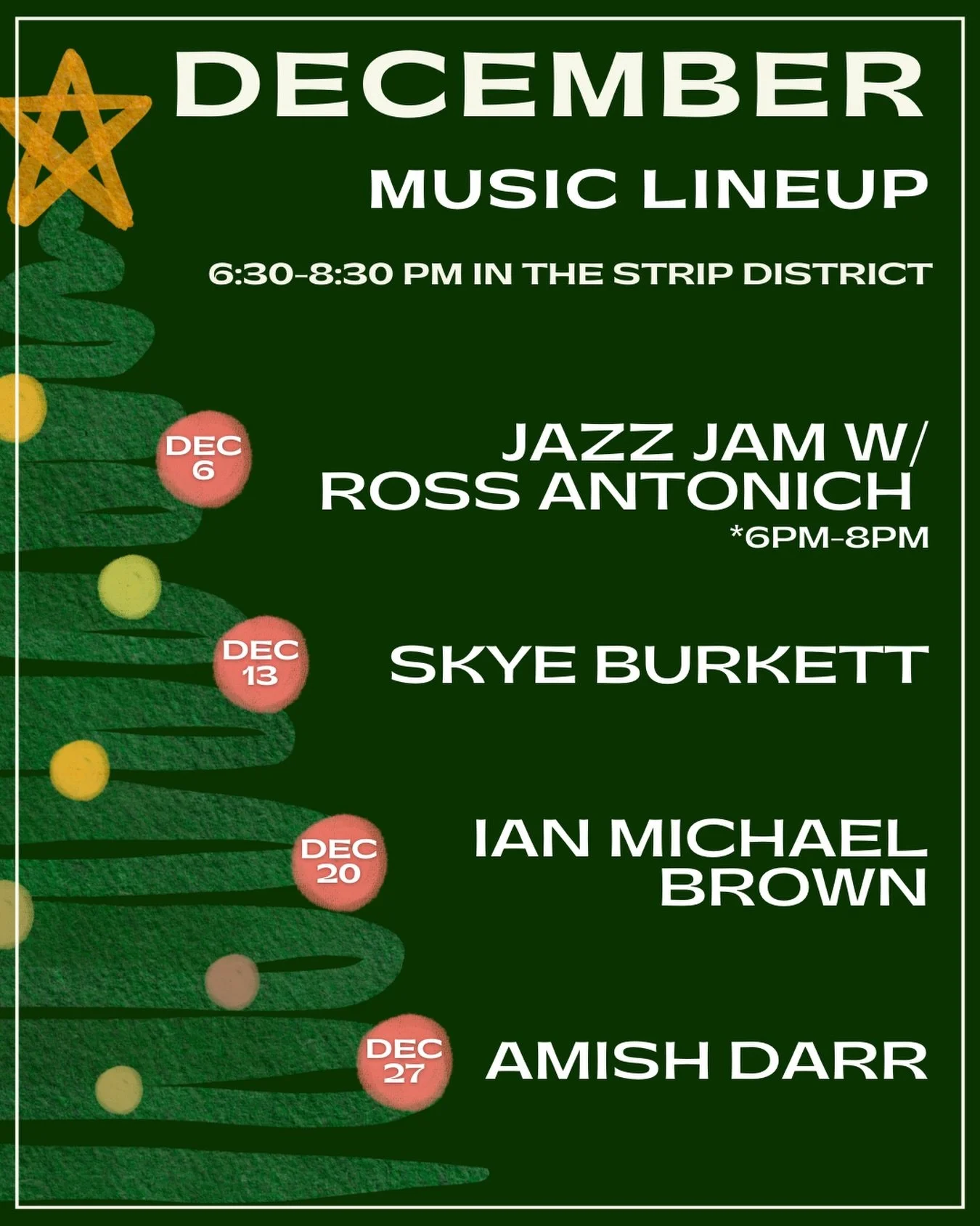 DECEMBER LINEUP FOR THE HOLIDAYS IS HERE! 

New music

New cocktails

Same space 💛