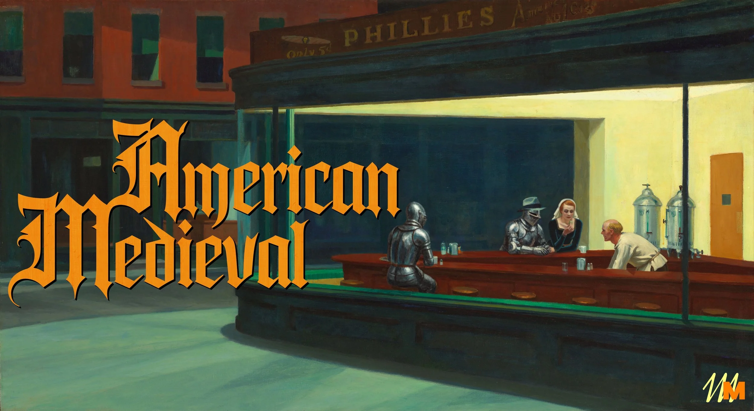 logo for podcast American Medieval. image playing with painting "Nighthawks," but with figures replaced by knights.
