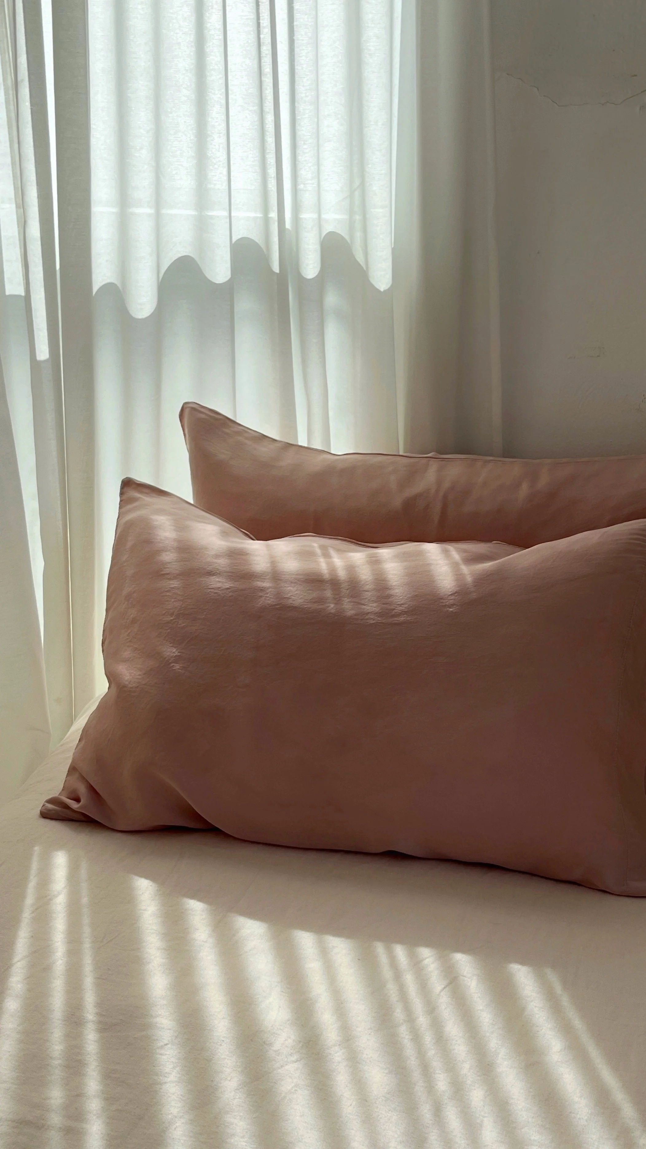 Two light pink pillows on a bed near sheer white curtains with sunlight streaming through.