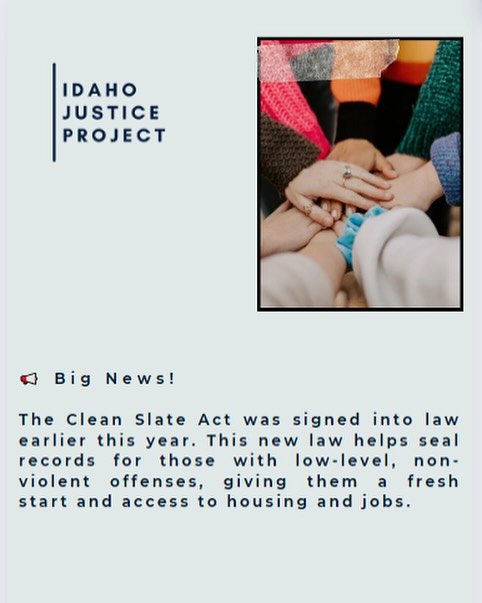 📢 Big News! The Clean Slate Act, co-sponsored by @ilanarubel and supported by the Idaho Justice Project, was signed into law earlier this year. This new law helps seal records for those with low-level, non-violent offenses, giving them a fresh start