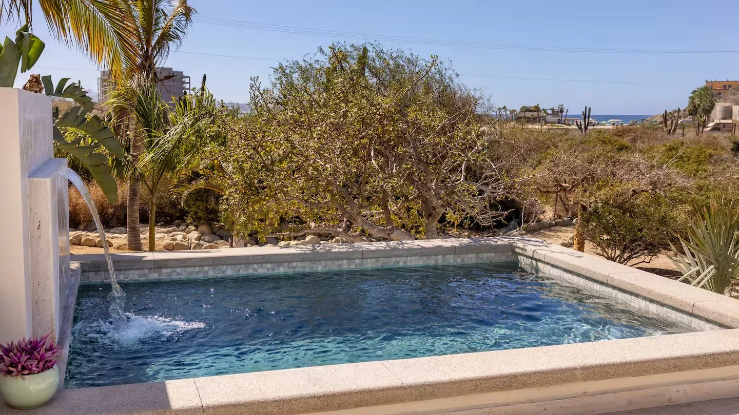 A small pool or hot tub outdoors with a water feature on the left side, surrounded by desert plants, trees, and cacti, with a clear blue sky and distant ocean or sea in the background.